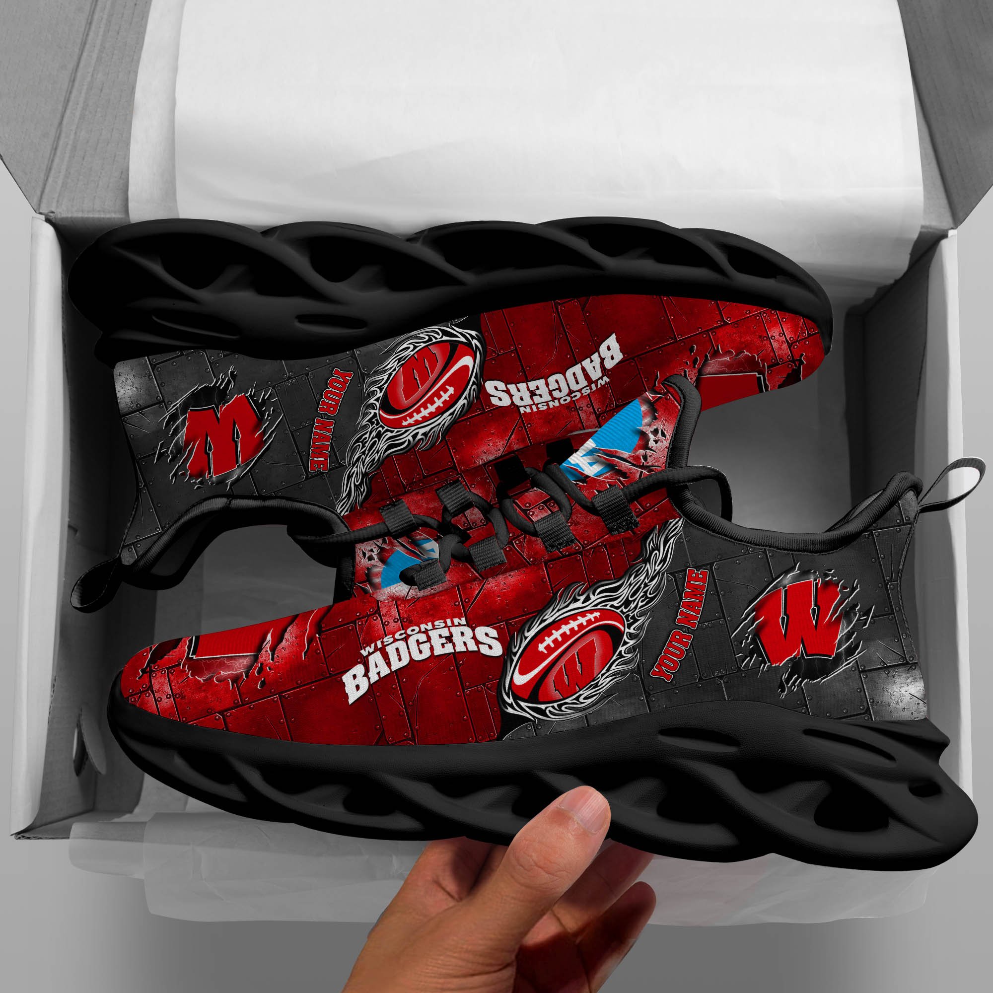 Wisconsin Badgers Black Max Soul Shoes 2025 Versions, White Max Soul Shoes Custom Your Name PH879