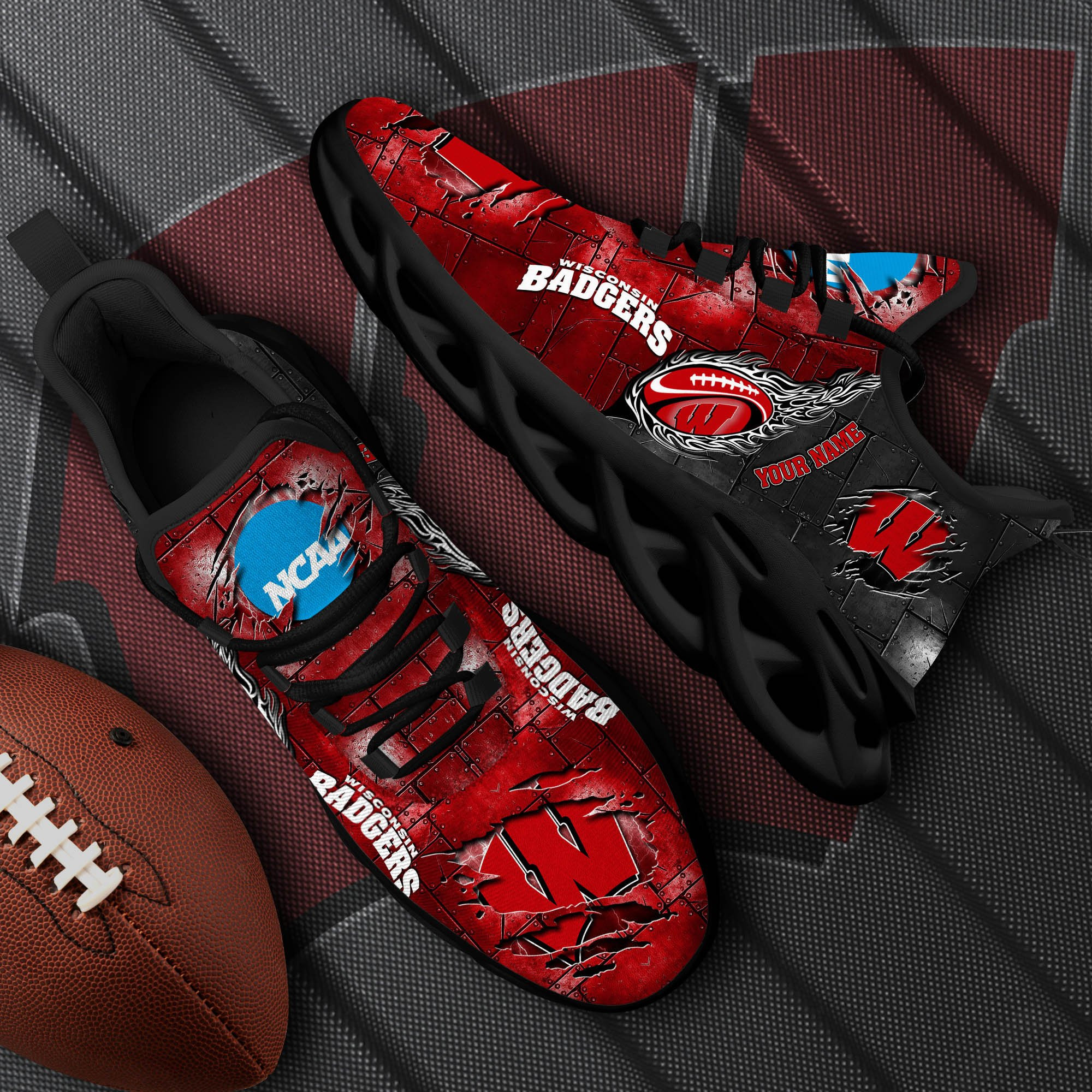 Wisconsin Badgers Black Max Soul Shoes 2025 Versions, White Max Soul Shoes Custom Your Name PH879