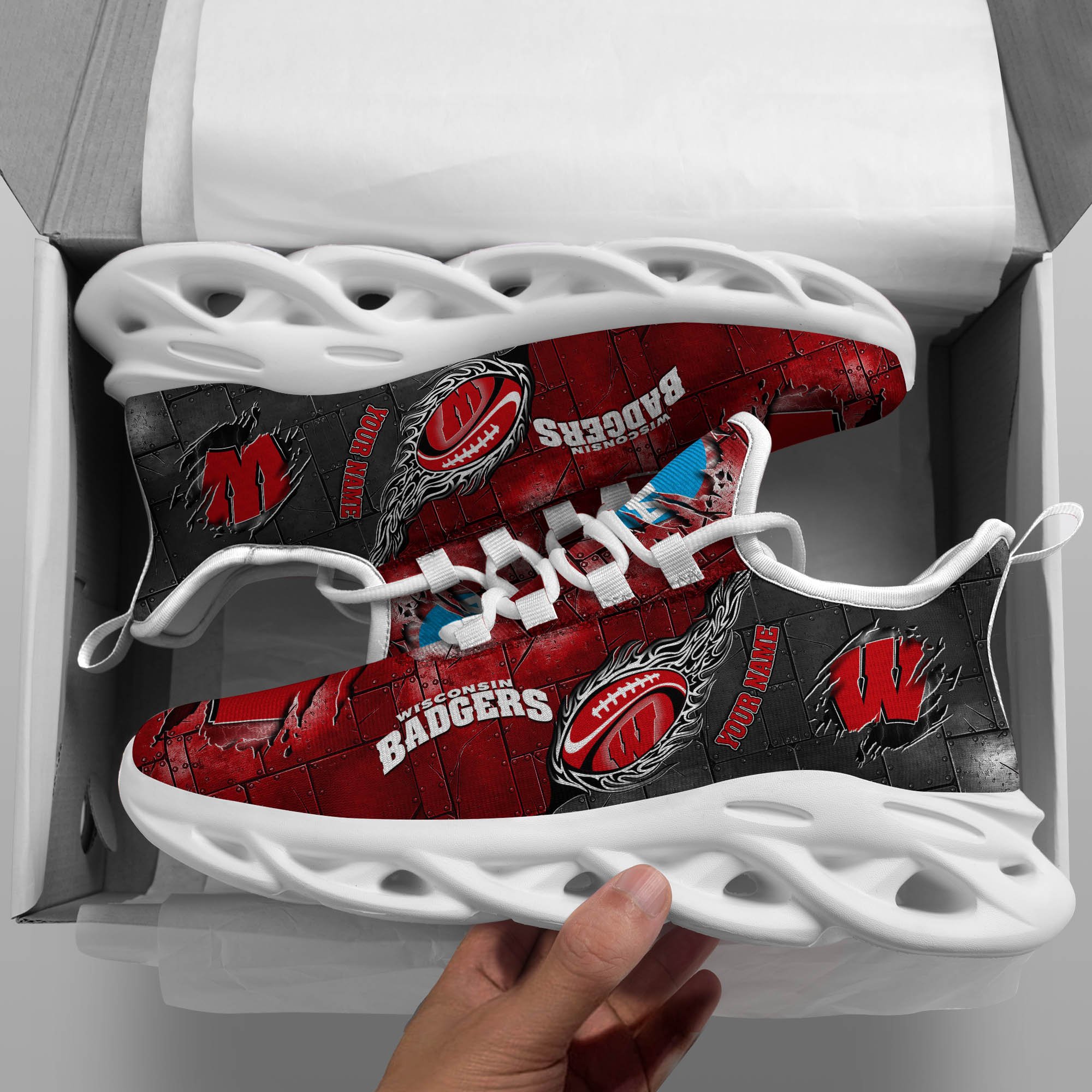 Wisconsin Badgers Black Max Soul Shoes 2025 Versions, White Max Soul Shoes Custom Your Name PH879