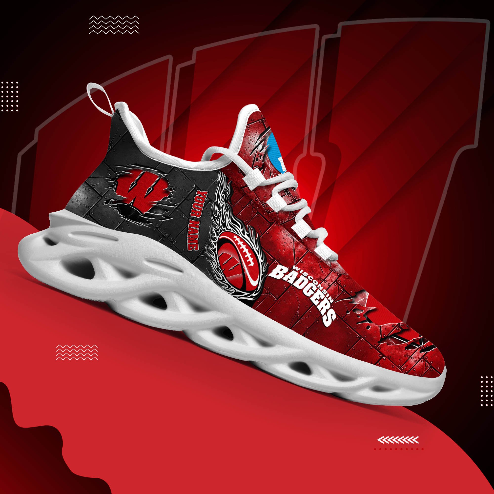Wisconsin Badgers Black Max Soul Shoes 2025 Versions, White Max Soul Shoes Custom Your Name PH879