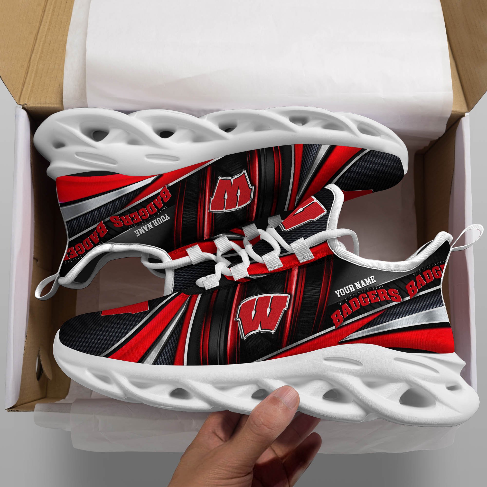 Wisconsin Badgers White C Sneakers 2025 Version Personalized Your Name, Sport Team Sneakers, Sport Gifts PH892