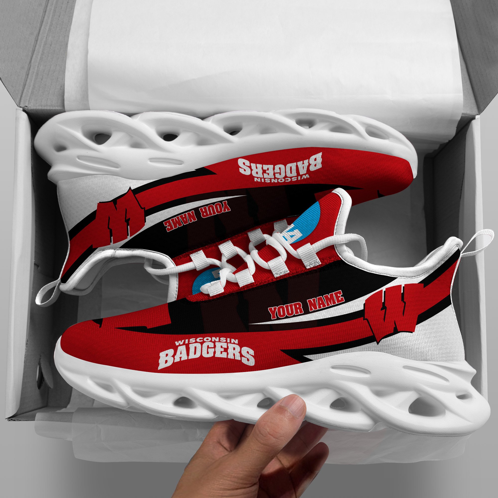 Wisconsin Badgers White Max Soul Shoes 2025 Versions Custom Your Name, Sports Gift For Fan PH019